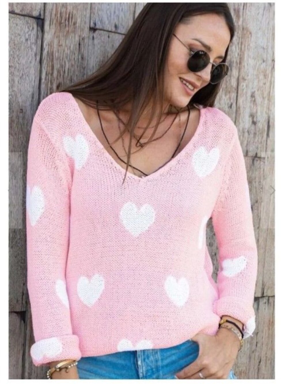 Wooden Ships Besotted Hearts V-Neck Sweater in Pink & White Size Small Medium